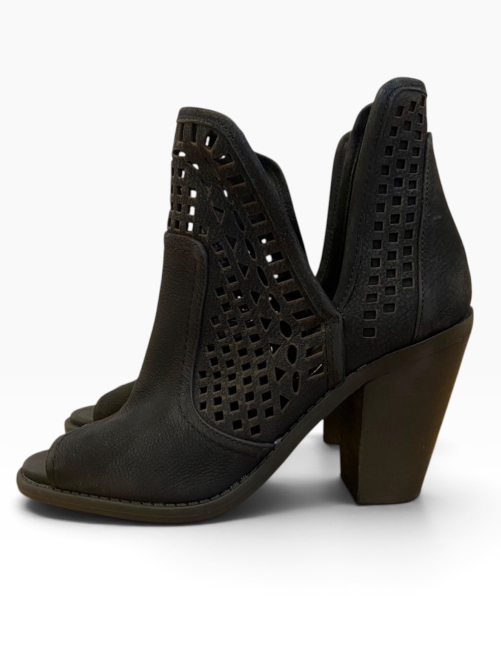 Jessica Simpson black ankle boots chunky heel perforated leather upper open toe